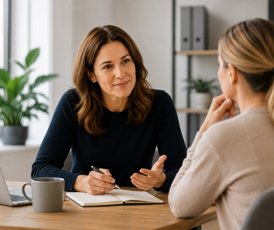 Female employer talking to lady who has been made redundant